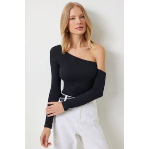 Happinessistanbul Rode Off-Shoulder Geribde Gebreide Damesblouse Tg00011