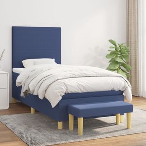 The Living Store Bedframe s - Boxspringbed Blauw 203x100x118/128 cm - Pocketvering matras 100x200x20 cm - Huidvriendelijk topmatras 100x200x5 cm - Multifunctioneel bankje 70x30x30 cm