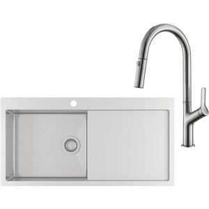 GURARI Roestvrijstalen spoelbak LUN101M-L + Keukenkraan 7723-002, Inbouwspoelbak 1000x510 mm, Roestvrij staal, Rechthoekig