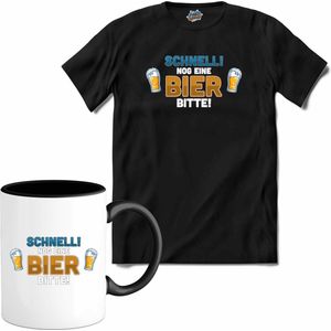 Schnell nog ein bier bitte! | Grappige apres ski drank shirt | Wintersport kleding - T-Shirt met mok - Unisex - Zwart - Maat XL