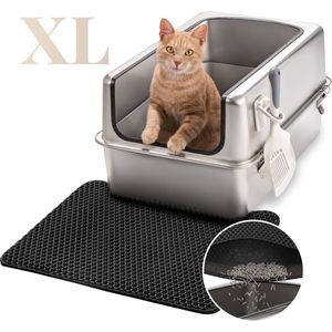 Kattenbak RVS XXL – Gemakkelijk schoon te maken – Geurvrij, Lekvrij en Vlekvrij – 38L Inhoud – Roestvrijstalen Kattentoilet met hoge rand – Grote Kattenbak met Schep & Gritopvangmat – 60 × 40 × 32 cm