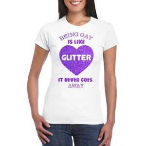 Bellatio Decorations Gay Pride T-shirt voor dames - being gay is like glitter - wit/paars - LHBTI S