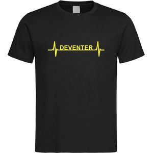 Zwart T-Shirt met “ Deventer hartslag “ print Geel Size S