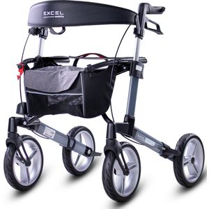 Excel Esprit S4 Lichtgewicht Rollator - Opvouwbaar - Luxe zelfsluitende tas - Rugband - Verstelbare handvatten - Voor binnen en buiten - Thunder Grey Metallic - Maat M
