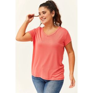 Dames 6XL V-Hals Basic Kortemouw T-Shirt in Grote Maten - Koraal