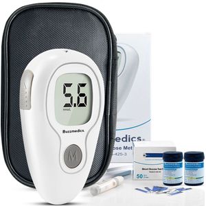 Buzzmedics - Glucosemeter - Startpakket - Inclusief GRATIS 50 Teststrips & Lancettes - Bloedsuikermeter - Diabetes meter - Bloed Glucosemeter - Diabetes test - Glucosetesten - Glucose Revolutie - mmol/l - mg/dl