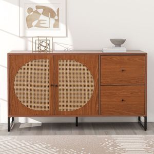 Rotan dressoir Dressoir - ladekast met 2 laden en 2 deuren - moderne ladekast met metalen handgrepen - voor slaapkamers & woonkamers & kantoren - Walnoot