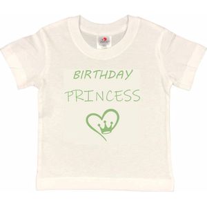 T-shirt Kinderen ""Birthday Princess"" | korte mouw | Wit/sage green/salie groen | maat 122/128 Verjaardag Meisjes Prinses