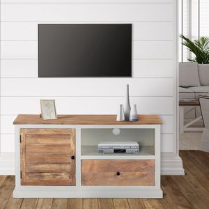 TV lowboard naturel/wit, 110x35x57 cm, met lade en kastje, gemaakt van mangohout