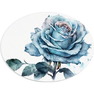 PVC Schuimplaat Ovaal - Aquarel Verf Tekening van Blauwe Roos met Groene Bladeren - 40x30 cm Foto op Ovaal (Met Ophangsysteem)