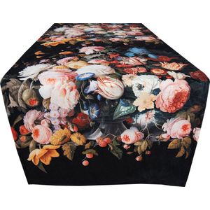 Clayre & Eef Tafelloper 35x180 cm Zwart Rood Polyester Bloemen Tafelkleed