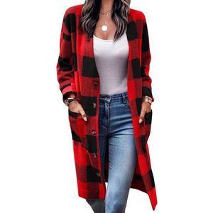 Lange Mouwen Dames Geruit Overhemdjack Shacket-shirt - Casual Geruit Overhemd Blouse Jas met Knopen - Lang Jack Tops met Zak - Rood.