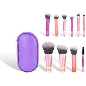 Draagbare mini-reismake-upkwastenset met etui - zachte synthetische haren voor foundation oogschaduw en blush compacte cosmetische kwasten - 10 stuks(1 set)