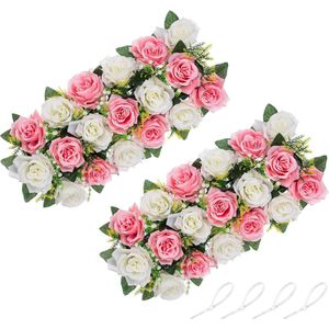 Kunstbloemen middelpunt voor tafels, set van 2 roze en witte bloemen, 50 cm lang, nep-rozenarrangementen, zijde-imitatie bloemen middelpunt voor bruiloft, eettafel, open haard decoraties