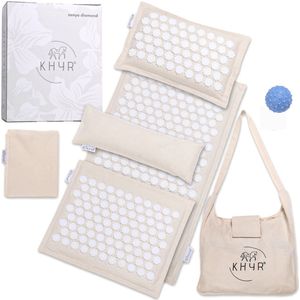 KHYR® - Nieuw - Zenya Diamond Acupressuurmat en set 2026 – 7-Delige Acupressuur Set – Gepatenteerde Diamantpatroon Spikes – Spijkermat Set - Spijkerbed - Shakti Mat - Beige met Witte Spikes - incl. Spikes Massagebal - incl. E-Book