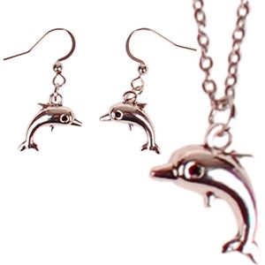 Set - Ketting 55cm RVS - Zilverkleurige Oorbellen - Hangertjes Dolfijntje Enkel Zilverkleurig 2cm