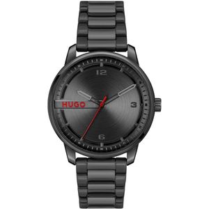 HUGO HU1530365 #STAMP Heren Horloge - Mineraalglas - Staal - Zwart - 42 mm breed - Quartz - Vouw/Vlindersluiting - 3 ATM (spatwater)