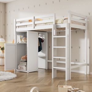 YYCHAN Kinderbed - Hoogslaper met kast - Kinderbedden met valbeveiliging - massief houten bed met kledingkast - Ruimtebesparende oplossing voor kinderkamers - Ligoppervlak 90 x 200 cm - Wit - lattenbodem(zonder matras)