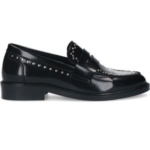 Manfield - Dames - Zwarte leren loafers met zilverkleurige studs - Maat 36