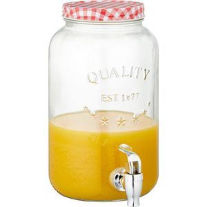 Glazen drankdispenser/limonadetap met rood/wit geblokte dop 3,5 liter - Tapkraantje