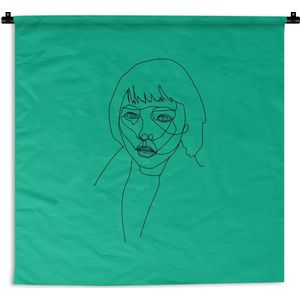 Wandkleed Line-art Vrouwengezicht - 10 - illustratie starende vrouw op een groene achtergrond Wandkleed katoen 180x180 cm - Wandtapijt met foto