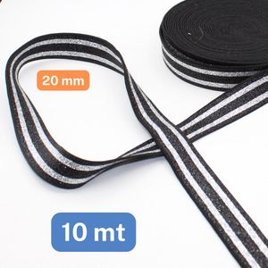 10 Meter Soepele LUREX ELASTIEK, Breedte 2CM, Kleur ZWART/ZILVER