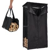 Lendo Online brandhoutrek met dak 90x60x180cm + beschermhoes + draagtas- Brandhoutschuur -haardhout opslag waterdicht – haardhoutrek – houtopslag – zwart - metaal