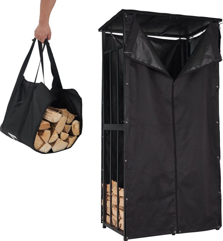 Lendo Online brandhoutrek met dak 90x60x180cm + beschermhoes + draagtas- Brandhoutschuur -haardhout opslag waterdicht – haardhoutrek – houtopslag – zwart - metaal