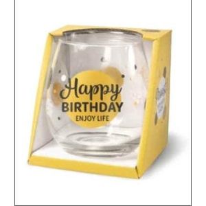 Wijnglas - Waterglas - Happy birthday enjoy life - Gevuld met toffeemix- In cadeauverpakking met gekleurd lint