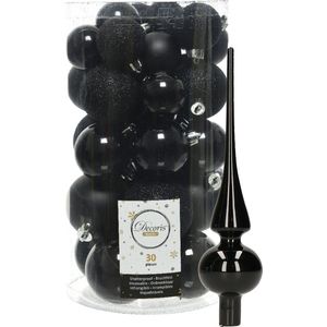 Decoris kerstballen 30x stuks - zwart 4/5/6 cm kunststof mat/glans/glitter mix en shiny glazen piek 26 cm