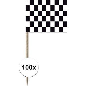 100x Cocktailprikkers race/finish vlag 8 cm vlaggetjes decoratie - Wegwerp prikkertjes - Formule 1/autoracen thema