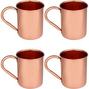 Koperen bekers – set van 4 – 100% handgemaakte, voedselveilige beker van puur massief koper met buisgreep – 400 ml hoogwaardig cocktail-koperglas