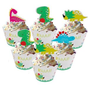 ProductGoods - 12 Stuks Dino's Mini Cupcake Bakjes + 12 Cupcake Dino Versiering - Kinderen - Kinderfeestje - Party - Taart Decoraties - Verjaardag Decoratie - Happy Birthday - Dino - Omslagen - Omslag - Mini Cupcake