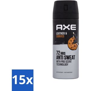 15 x Axe - Deodorant Spray - 72hrs Anti Sweat - Leather & Cookies - 150 ml - Leer Geur - Koekjes Geur - Langdurige Frisheid