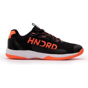 HUNDRED Xoom Pro non-marking professionele badmintonschoenen voor heren | Materiaal: kunstleer | Geschikt voor indoortennis, squash, tafeltennis, basketbal en padel (zwart/oranje, EU 42, UK 8, US 9)