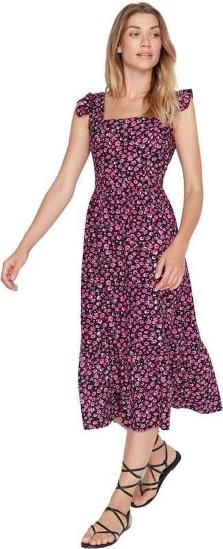 Trendyol Lila Bloemenprint Vierkante Kraag A-Lijn Viscose Midi Geweven Jurk Twoss20El3331