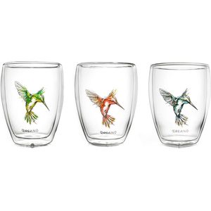 Dubbelwandige thee-glazen, cappuccino-glas, thermoglas Hummi in kolibrie-design, set van 3, 250 ml in exclusieve geschenkdoos, blauw/rood/groen