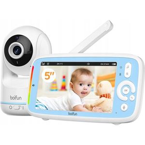 BOIFUN Video Babyfoon, 5-inch 720P IPS Full Color Scherm, 360 Camera, ECO-modus, 3050mAh Batterij, Geen Wifi, Nachtzicht, Tweerichtingsaudio, Voedingsherinnering, Temperatuursensor, Slaapliedjes