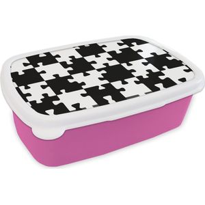 Broodtrommel Roze - Lunchbox - Brooddoos - Puzzel - Schaken - Patronen - 18x12x6 cm - Kinderen - Meisje