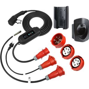 BlackCharge® 3.0 Voordeelbundel (5M) mobiele lader 11kW incl. timer - Type 2 naar CEE Krachtstroom Stekker - 16A 3 Fase excl. verloopstekkers + muurbeugel (zwart) en wandhouder