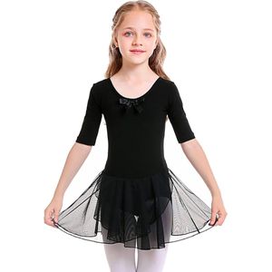E-Ambar - Kinder Balletkleding Meisjes Dansjurk Katoenen Balletpakje met Rok Tutu Zwart Maat 130