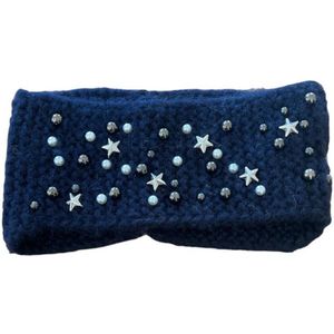 Hoofdband Winter - Gebreide Dames winter haarband - Oorwarmers - Donkerblauw met ster decoraties