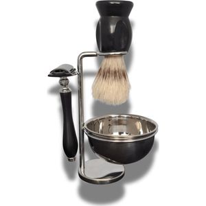 Old Barbers - Luxe 4 delige Scheerset - Houder/Scheerkwast/Classic Scheermes/ Scheerkom - Echt Haar - Zwart