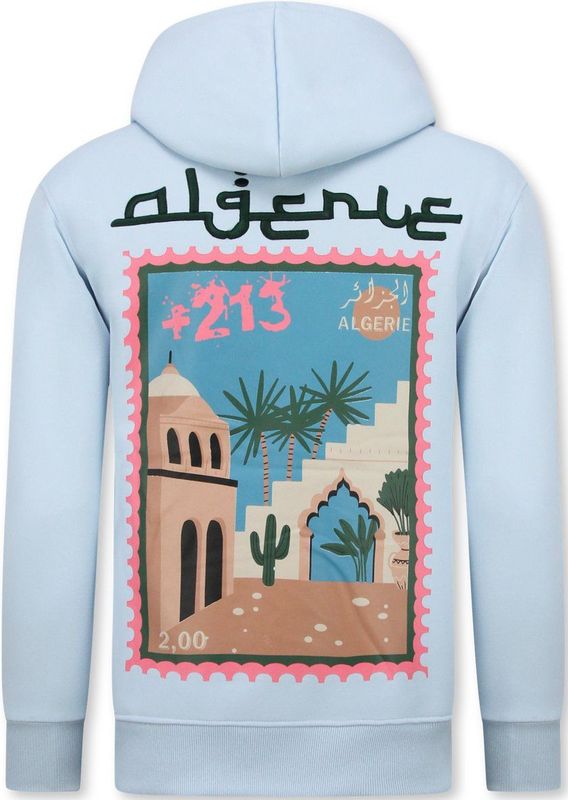Oversized Hoodie Heren met Capuchon - Trui Heren Algerie Print - Dik Geweven Sweater Heren - 5816- Licht Blauw