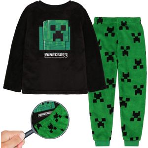 Minecraft Creeper fleece pyjama voor jongens, warm, lange mouwen, zwart en groen