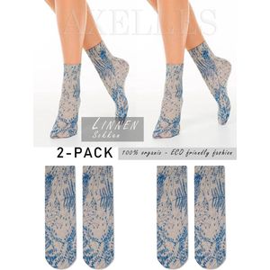 Linnen sokken floraal patroon (ECO), 2-PAAR blauw, maat 36/39.