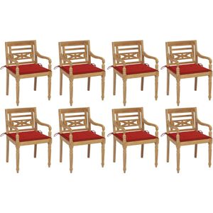 The Living Store Batavia - Houten stoel set - 8 stuks - Teakhout - Met kussens - Rood kussen - 55x51.5x84cm - 100% polyester