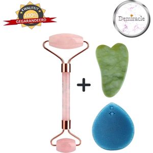 Demiracle Rose Quartz Face Roller met Gua Sha Schraper en Blauwe Siliconen Gezichtsborstel - Gezichtsroller - Massage Roller - Jade Roller - Rimpelverwijdering - Ontspanning