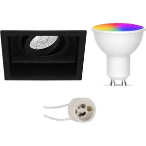 LED Spot Set GU10 - Oficto - Smart LED - Wifi LED - Slimme LED - 5W - RGB+CCT - Aanpasbare Kleur - Dimbaar - Afstandsbediening - Proma Domy Pro - Inbouw Vierkant - Mat Zwart - Verdiept - Kantelbaar - 105mm