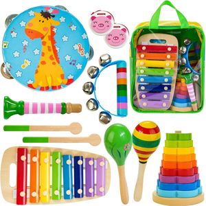 12 stuks houten muziekinstrumenten voor kinderen vanaf 3 jaar - met xylofoon maracas tamboerijn, Montessori educatief speelgoed - verjaardagscadeau voor meisjes en jongens van 3, 4, 5
